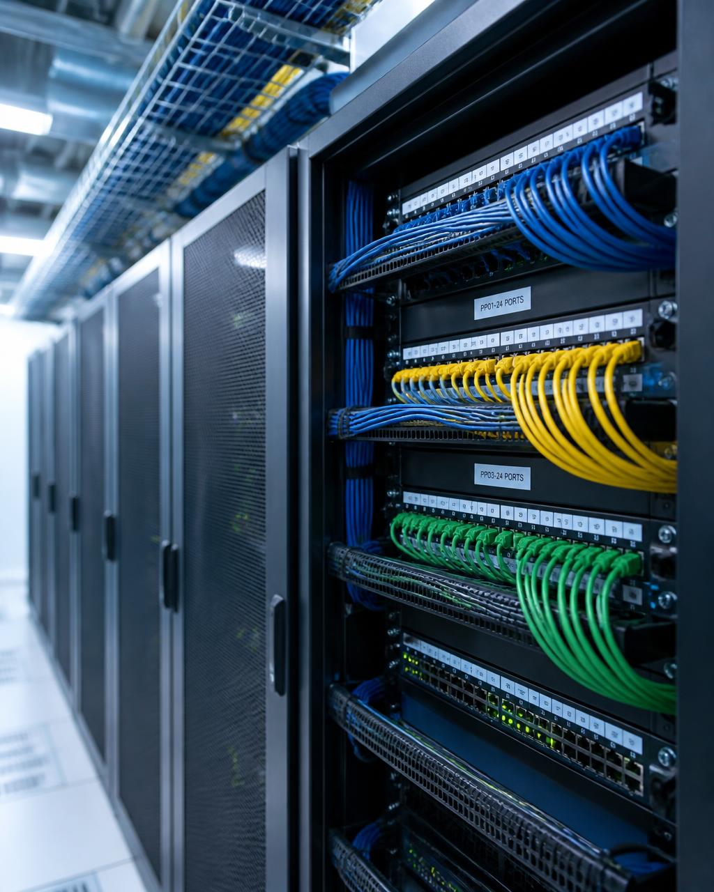 Neatly dressed cable trays and labeled patch panels in a MoneerNet server rack